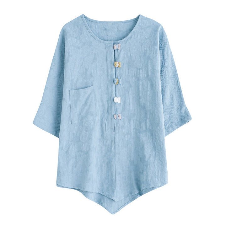 Koszula damska z krótkim rękawem z bawełny i lnu w kwiaty w stylu casual z Buddha Stones i kolorowymi guzikami - image 3