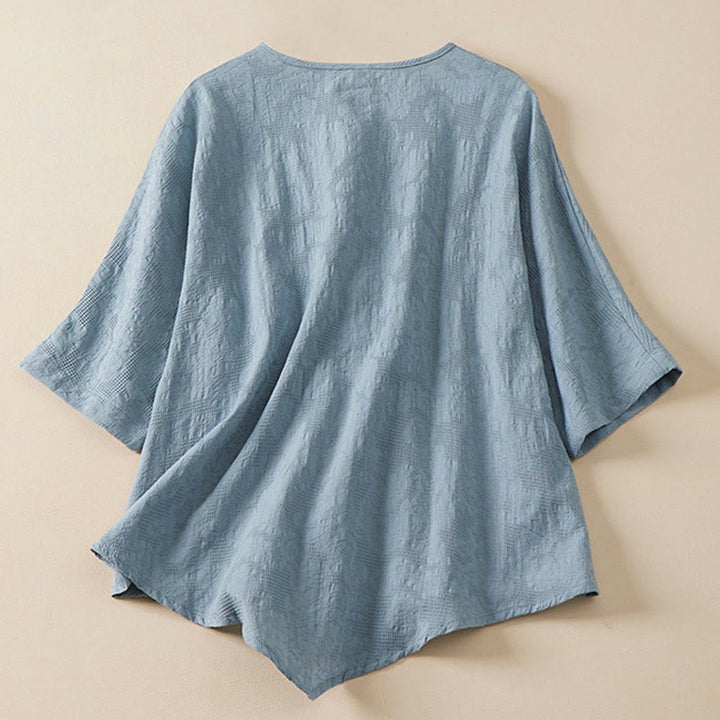 Koszula damska z krótkim rękawem z bawełny i lnu w kwiaty w stylu casual z Buddha Stones i kolorowymi guzikami - image 2