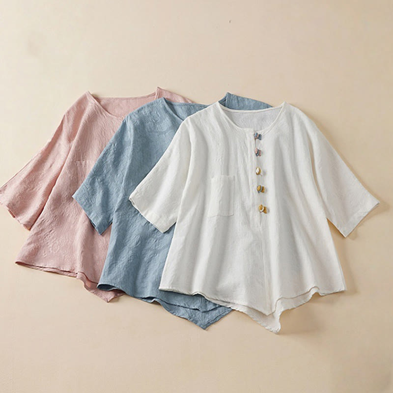 Koszula damska z krótkim rękawem z bawełny i lnu w kwiaty w stylu casual z Buddha Stones i kolorowymi guzikami - image 1