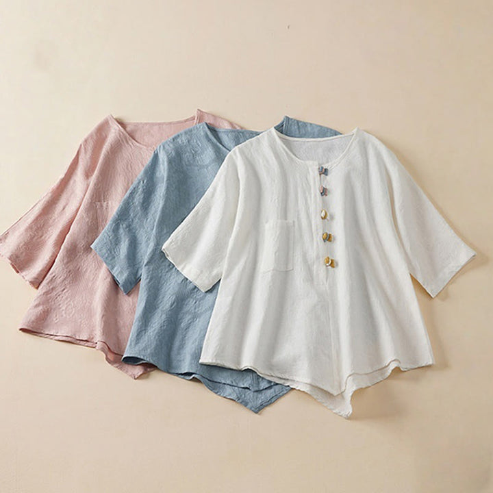 Koszula damska z krótkim rękawem z bawełny i lnu w kwiaty w stylu casual z Buddha Stones i kolorowymi guzikami - image 1