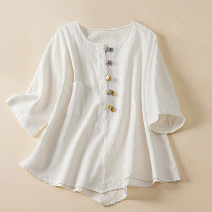 Koszula damska z krótkim rękawem z bawełny i lnu w kwiaty w stylu casual z Buddha Stones i kolorowymi guzikami - Biały - US8-10，UK/AU12-14，EU40-42 (2XL) - image 14