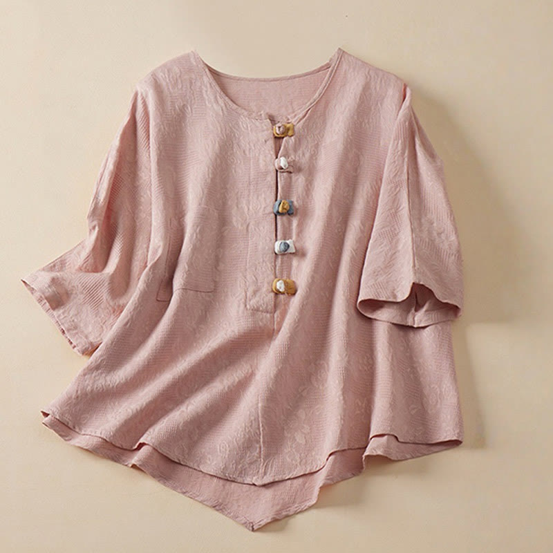 Koszula damska z krótkim rękawem z bawełny i lnu w kwiaty w stylu casual z Buddha Stones i kolorowymi guzikami - Różowy - US8-10，UK/AU12-14，EU40-42 (2XL) - image 4