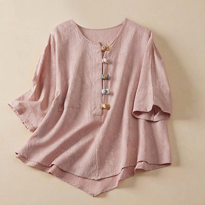 Koszula damska z krótkim rękawem z bawełny i lnu w kwiaty w stylu casual z Buddha Stones i kolorowymi guzikami - Różowy - US8-10，UK/AU12-14，EU40-42 (2XL) - image 4