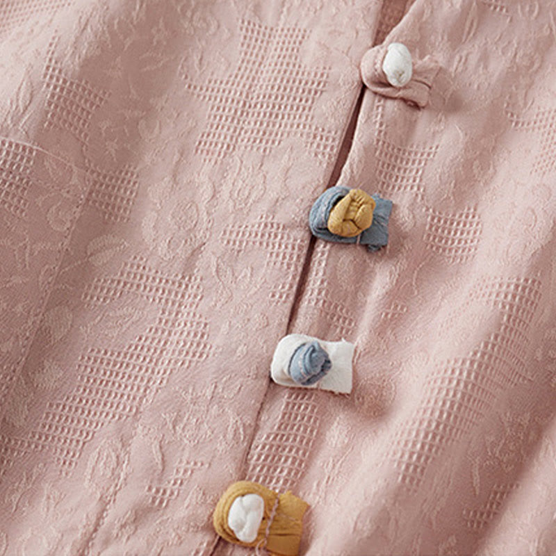 Koszula damska z krótkim rękawem z bawełny i lnu w kwiaty w stylu casual z Buddha Stones i kolorowymi guzikami - image 7