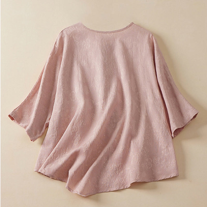 Koszula damska z krótkim rękawem z bawełny i lnu w kwiaty w stylu casual z Buddha Stones i kolorowymi guzikami - image 5