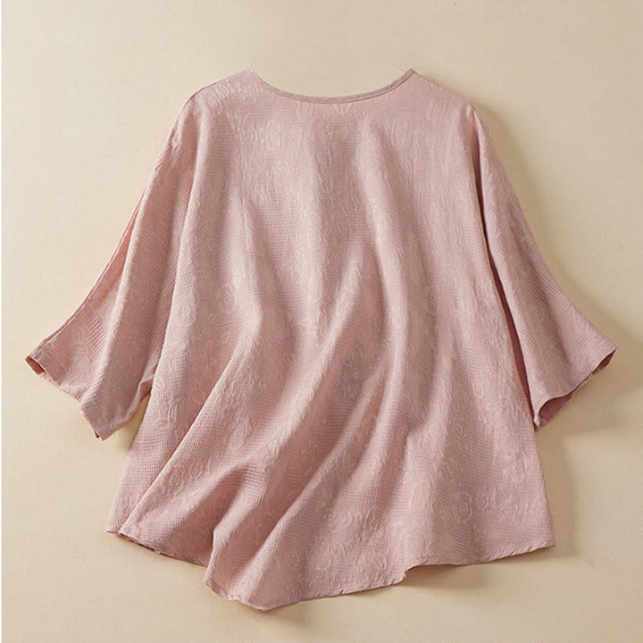 Koszula damska z krótkim rękawem z bawełny i lnu w kwiaty w stylu casual z Buddha Stones i kolorowymi guzikami - image 5