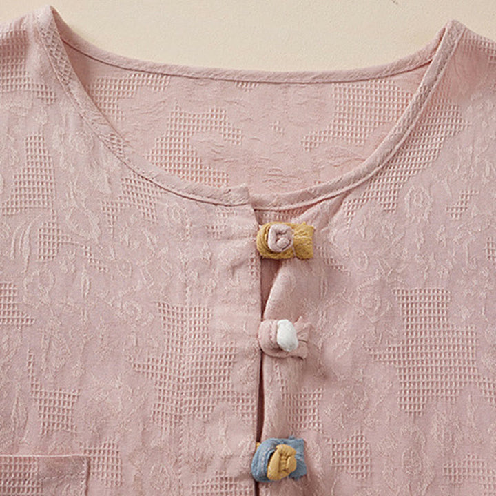 Koszula damska z krótkim rękawem z bawełny i lnu w kwiaty w stylu casual z Buddha Stones i kolorowymi guzikami - image 6