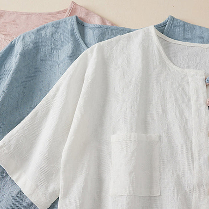 Koszula damska z krótkim rękawem z bawełny i lnu w kwiaty w stylu casual z Buddha Stones i kolorowymi guzikami - image 16