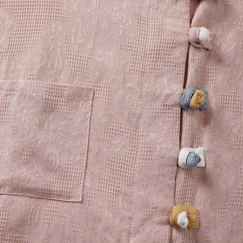 Koszula damska z krótkim rękawem z bawełny i lnu w kwiaty w stylu casual z Buddha Stones i kolorowymi guzikami - image 8