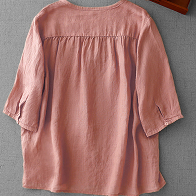 Buddha Stones Artystyczny Czysty Kolor Haftowany Przedni Guzik Projekt Damska Bawełniana Koszula Kardigan Z Pół Rękawem - image 1