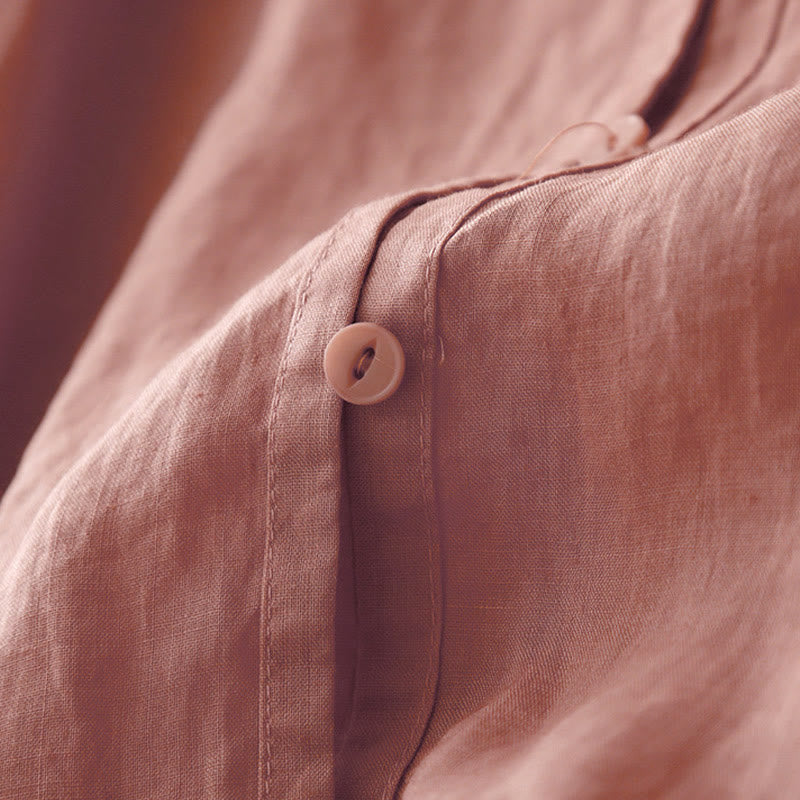 Buddha Stones Artystyczny Czysty Kolor Haftowany Przedni Guzik Projekt Damska Bawełniana Koszula Kardigan Z Pół Rękawem - image 4