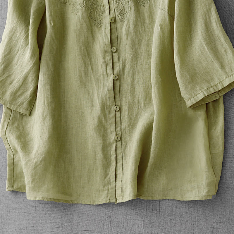 Buddha Stones Artystyczny Czysty Kolor Haftowany Przedni Guzik Projekt Damska Bawełniana Koszula Kardigan Z Pół Rękawem - image 18