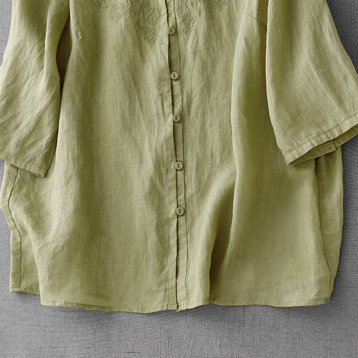 Buddha Stones Artystyczny Czysty Kolor Haftowany Przedni Guzik Projekt Damska Bawełniana Koszula Kardigan Z Pół Rękawem - image 18