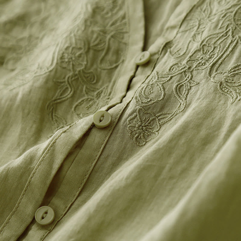 Buddha Stones Artystyczny Czysty Kolor Haftowany Przedni Guzik Projekt Damska Bawełniana Koszula Kardigan Z Pół Rękawem - image 19