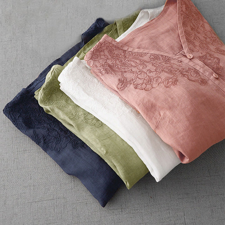 Buddha Stones Artystyczny Czysty Kolor Haftowany Przedni Guzik Projekt Damska Bawełniana Koszula Kardigan Z Pół Rękawem - image 31