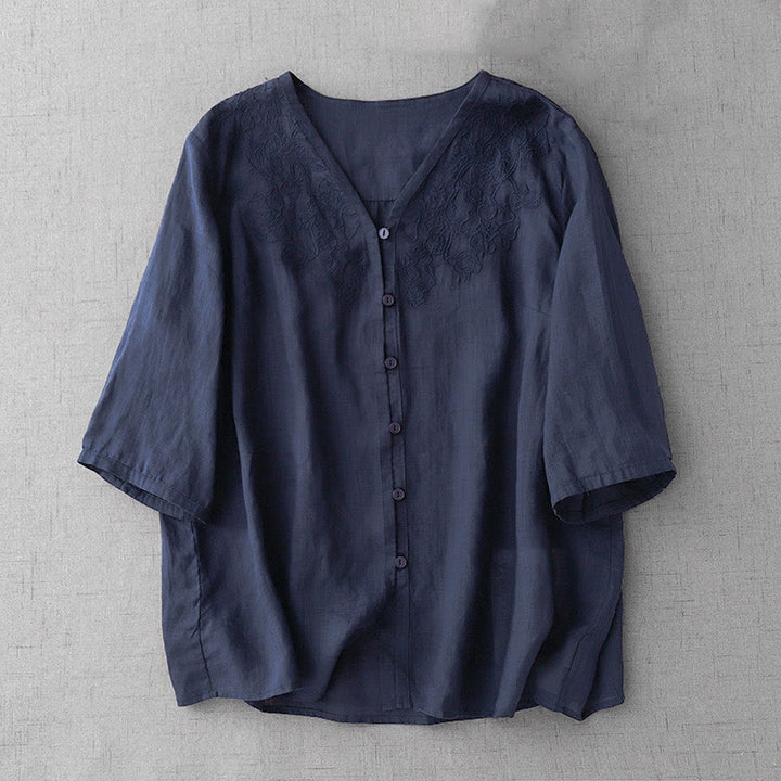 Koszula damska z bawełny z krótkim rękawem i haftowanymi guzikami z Buddha Stones w czystym kolorze - MidnightBlue - US12, UK/AU16, EU44 (2XL) - image 22