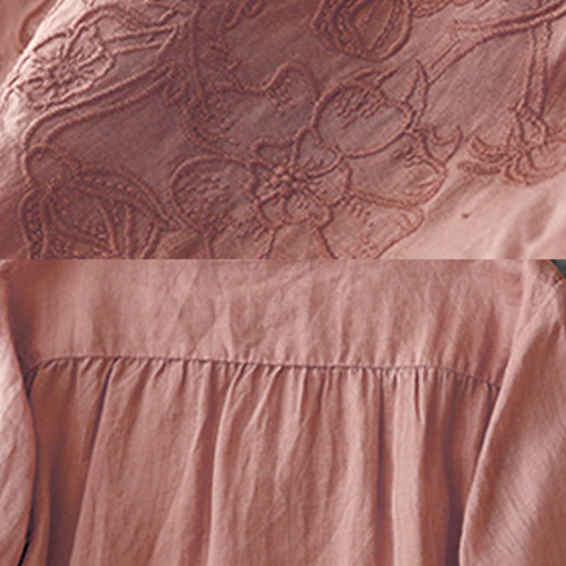 Buddha Stones Artystyczny Czysty Kolor Haftowany Przedni Guzik Projekt Damska Bawełniana Koszula Kardigan Z Pół Rękawem - image 9