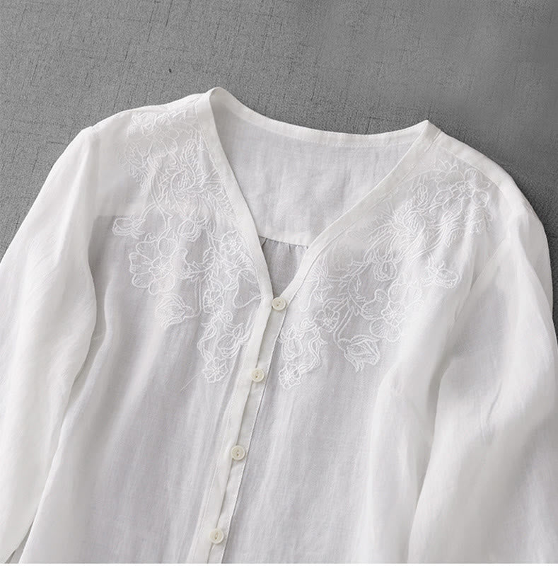 Buddha Stones Artystyczny Czysty Kolor Haftowany Przedni Guzik Projekt Damska Bawełniana Koszula Kardigan Z Pół Rękawem - image 12