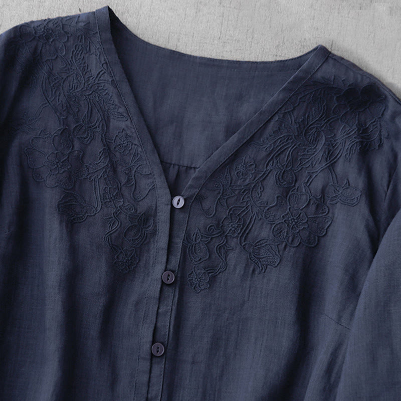 Buddha Stones Artystyczny Czysty Kolor Haftowany Przedni Guzik Projekt Damska Bawełniana Koszula Kardigan Z Pół Rękawem - image 27