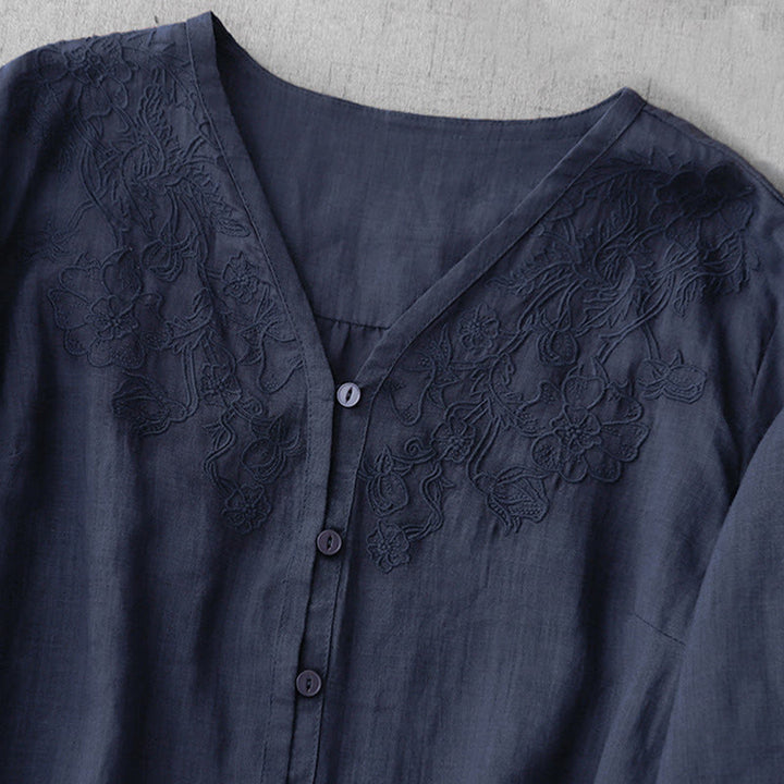 Buddha Stones Artystyczny Czysty Kolor Haftowany Przedni Guzik Projekt Damska Bawełniana Koszula Kardigan Z Pół Rękawem - image 27