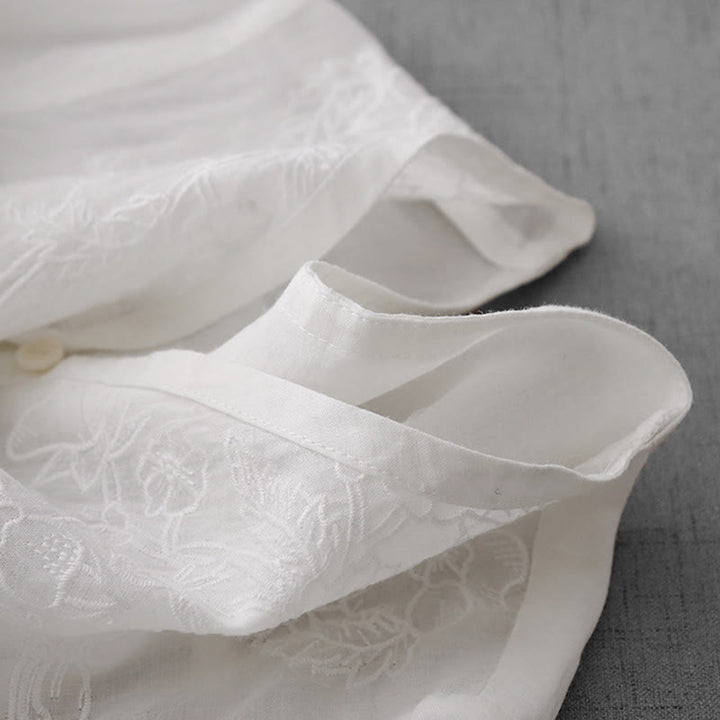 Buddha Stones Artystyczny Czysty Kolor Haftowany Przedni Guzik Projekt Damska Bawełniana Koszula Kardigan Z Pół Rękawem - image 15