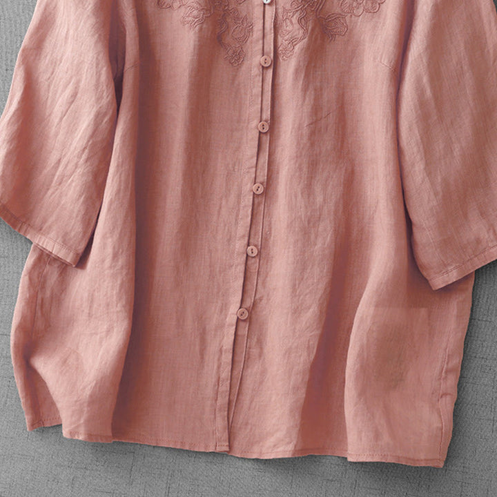 Buddha Stones Artystyczny Czysty Kolor Haftowany Przedni Guzik Projekt Damska Bawełniana Koszula Kardigan Z Pół Rękawem - image 2