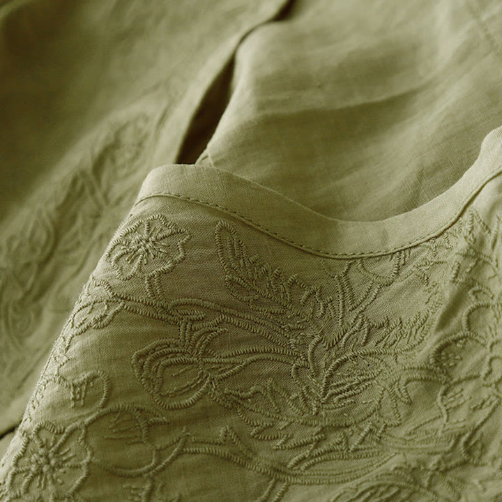 Buddha Stones Artystyczny Czysty Kolor Haftowany Przedni Guzik Projekt Damska Bawełniana Koszula Kardigan Z Pół Rękawem - image 20