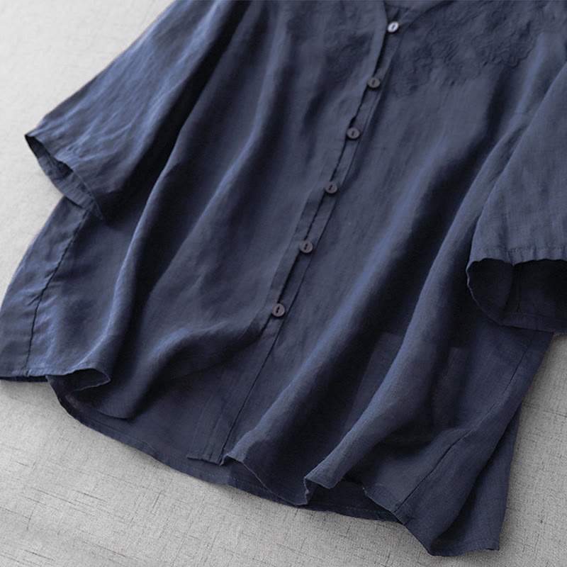 Buddha Stones Artystyczny Czysty Kolor Haftowany Przedni Guzik Projekt Damska Bawełniana Koszula Kardigan Z Pół Rękawem - image 24