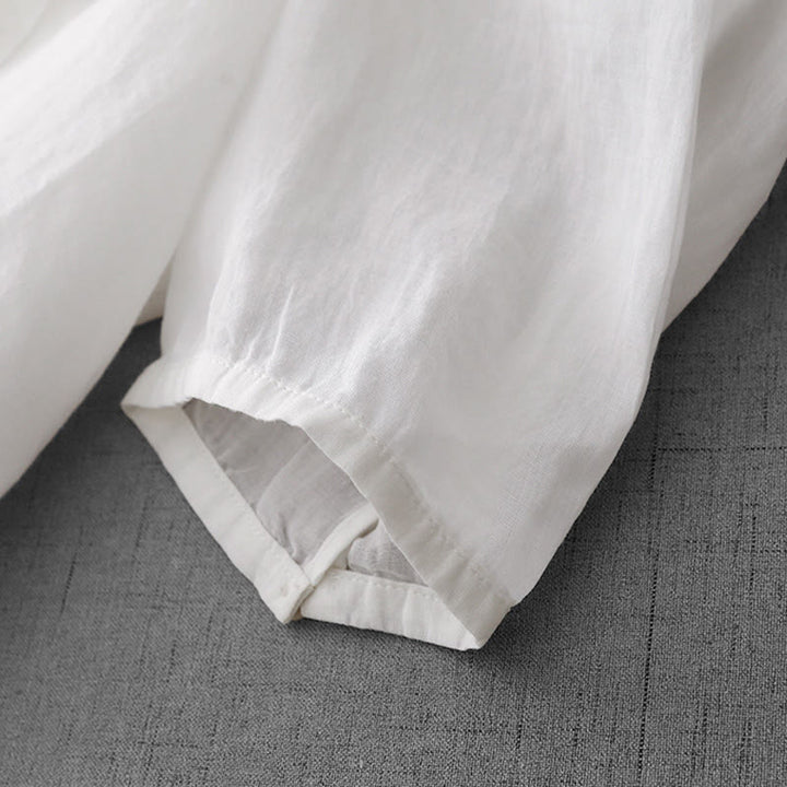 Buddha Stones Artystyczny Czysty Kolor Haftowany Przedni Guzik Projekt Damska Bawełniana Koszula Kardigan Z Pół Rękawem - image 14