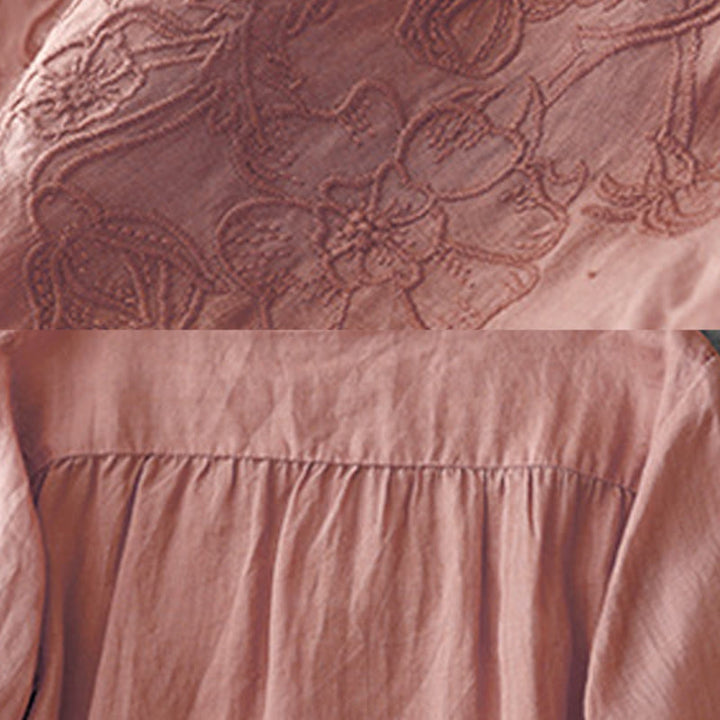 Buddha Stones Artystyczny Czysty Kolor Haftowany Przedni Guzik Projekt Damska Bawełniana Koszula Kardigan Z Pół Rękawem - image 9