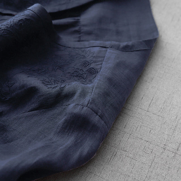 Buddha Stones Artystyczny Czysty Kolor Haftowany Przedni Guzik Projekt Damska Bawełniana Koszula Kardigan Z Pół Rękawem - image 25