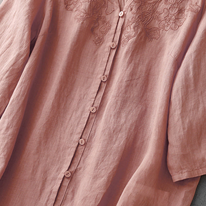 Buddha Stones Artystyczny Czysty Kolor Haftowany Przedni Guzik Projekt Damska Bawełniana Koszula Kardigan Z Pół Rękawem - image 8