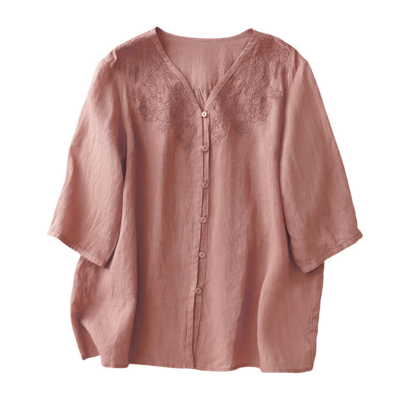 Buddha Stones Artystyczny Czysty Kolor Haftowany Przedni Guzik Projekt Damska Bawełniana Koszula Kardigan Z Pół Rękawem - image 10