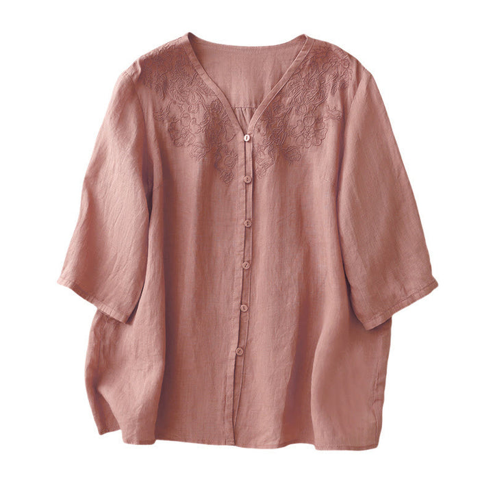 Buddha Stones Artystyczny Czysty Kolor Haftowany Przedni Guzik Projekt Damska Bawełniana Koszula Kardigan Z Pół Rękawem - image 10