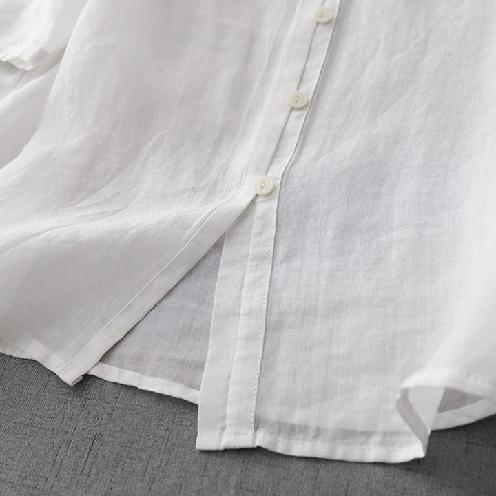 Buddha Stones Artystyczny Czysty Kolor Haftowany Przedni Guzik Projekt Damska Bawełniana Koszula Kardigan Z Pół Rękawem - image 13