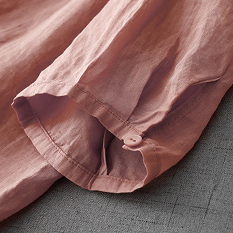 Buddha Stones Artystyczny Czysty Kolor Haftowany Przedni Guzik Projekt Damska Bawełniana Koszula Kardigan Z Pół Rękawem - image 5