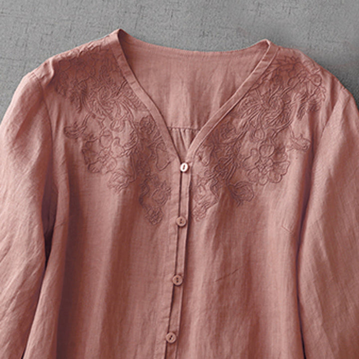 Buddha Stones Artystyczny Czysty Kolor Haftowany Przedni Guzik Projekt Damska Bawełniana Koszula Kardigan Z Pół Rękawem - image 3