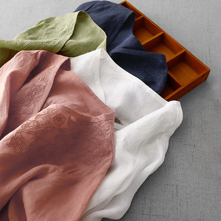 Buddha Stones Artystyczny Czysty Kolor Haftowany Przedni Guzik Projekt Damska Bawełniana Koszula Kardigan Z Pół Rękawem - image 30