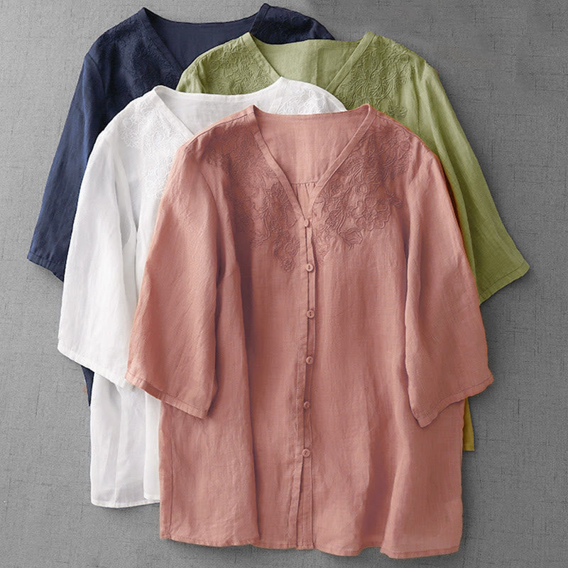 Buddha Stones Artystyczny Czysty Kolor Haftowany Przedni Guzik Projekt Damska Bawełniana Koszula Kardigan Z Pół Rękawem - image 29