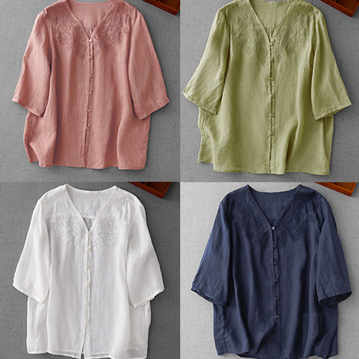 Buddha Stones Artystyczny Czysty Kolor Haftowany Przedni Guzik Projekt Damska Bawełniana Koszula Kardigan Z Pół Rękawem - image 28