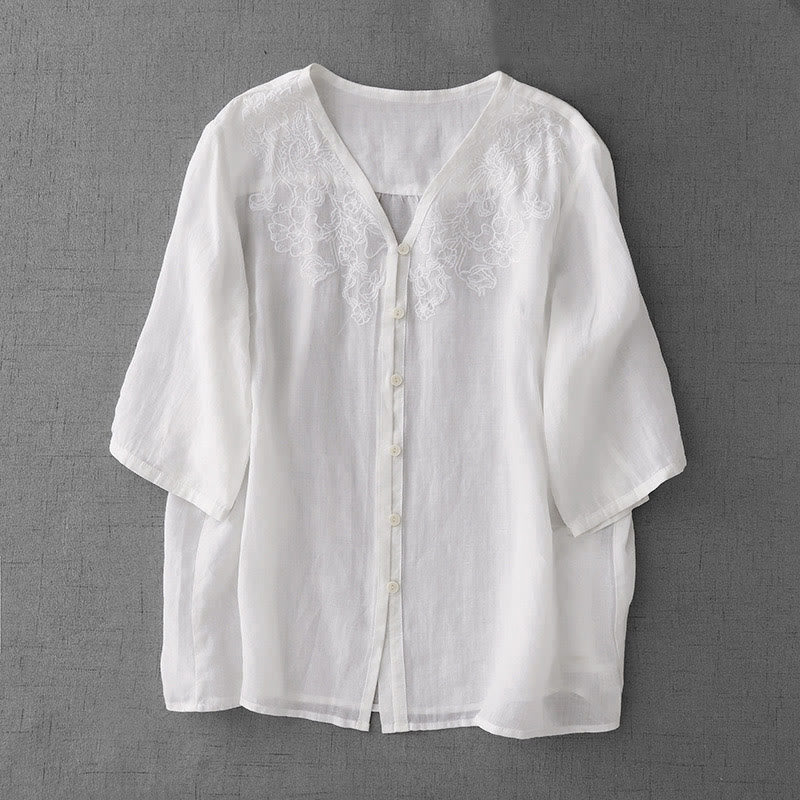 Buddha Stones Artystyczny Czysty Kolor Haftowany Przedni Guzik Projekt Damska Bawełniana Koszula Kardigan Z Pół Rękawem - Biały - US12, UK/AU16, EU44 (2XL) - image 11