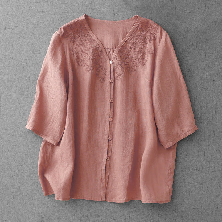 Buddha Stones Artystyczny Czysty Kolor Haftowany Przedni Guzik Projekt Damska Bawełniana Koszula Kardigan Z Pół Rękawem - LightCoral - US12, UK/AU16, EU44 (2XL) - image 0