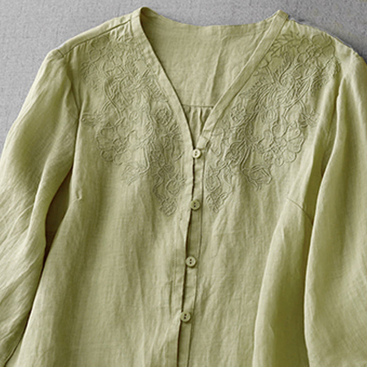 Buddha Stones Artystyczny Czysty Kolor Haftowany Przedni Guzik Projekt Damska Bawełniana Koszula Kardigan Z Pół Rękawem - image 17