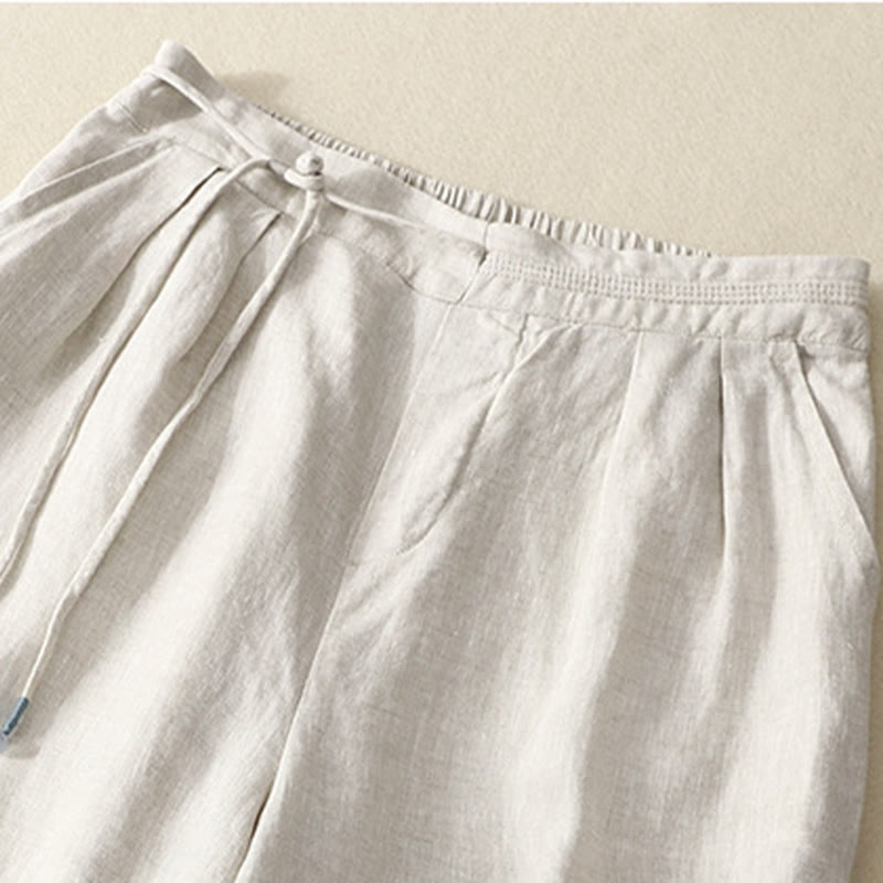 Buddha Stones Wiosna Casual Jednokolorowe Spodnie ze Sznurkiem Projekt Damskie Bawełniane Lniane Szerokie Nogawki 7-8 Długość Z Kieszeniami - image 12