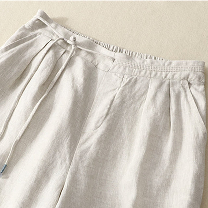 Buddha Stones Wiosna Casual Jednokolorowe Spodnie ze Sznurkiem Projekt Damskie Bawełniane Lniane Szerokie Nogawki 7-8 Długość Z Kieszeniami - image 12