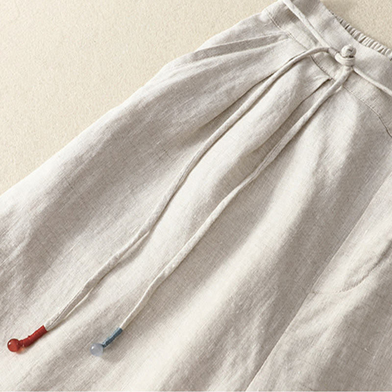 Buddha Stones Wiosna Casual Jednokolorowe Spodnie ze Sznurkiem Projekt Damskie Bawełniane Lniane Szerokie Nogawki 7-8 Długość Z Kieszeniami - image 13
