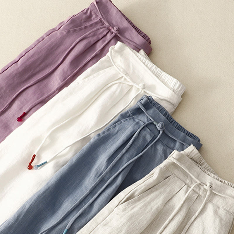 Buddha Stones Wiosna Casual Jednokolorowe Spodnie ze Sznurkiem Projekt Damskie Bawełniane Lniane Szerokie Nogawki 7-8 Długość Z Kieszeniami - image 19