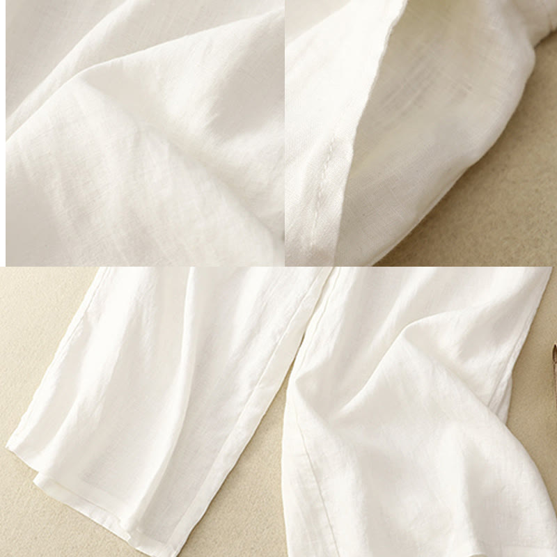 Buddha Stones Wiosna Casual Jednokolorowe Spodnie ze Sznurkiem Projekt Damskie Bawełniane Lniane Szerokie Nogawki 7-8 Długość Z Kieszeniami - image 5