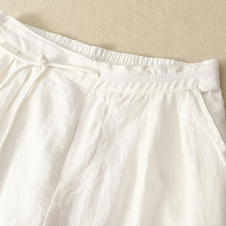 Buddha Stones Wiosna Casual Jednokolorowe Spodnie ze Sznurkiem Projekt Damskie Bawełniane Lniane Szerokie Nogawki 7-8 Długość Z Kieszeniami - image 4