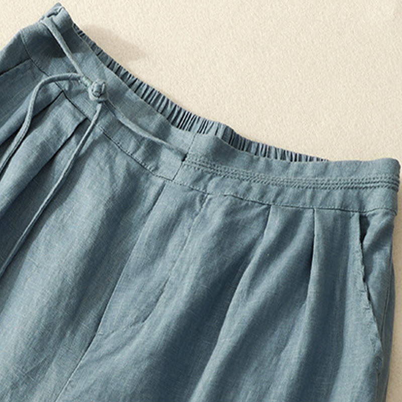 Buddha Stones Wiosna Casual Jednokolorowe Spodnie ze Sznurkiem Projekt Damskie Bawełniane Lniane Szerokie Nogawki 7-8 Długość Z Kieszeniami - image 7